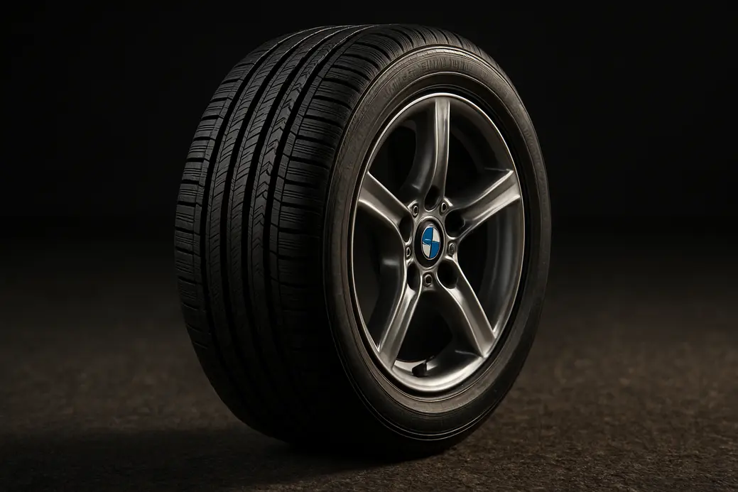 Close-up macro photo of a single vulcanized car tire mounted on a BMW rim, showing detailed rubber tread and sidewall texture with clear rim reflections, resting on coarse asphalt background.