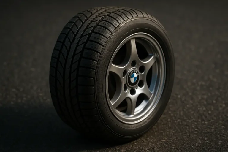 Close-up macro photo of a single BMW E46 wheel with mounted tire showing detailed tread pattern and sidewall texture against a blurred coarse asphalt background