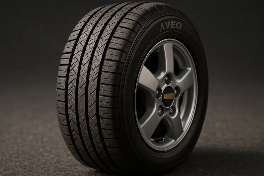Macro close-up of a single tire mounted on a Chevrolet Aveo, showing detailed tread and rubber texture against an asphalt or neutral studio background
