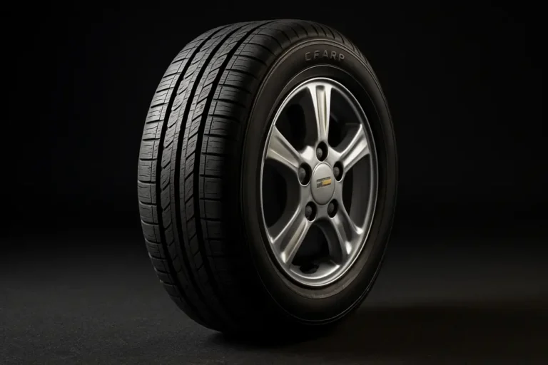 Photorealistic close-up image of a single mounted Chevrolet Spark tire showing detailed tread pattern, textured sidewall, partial rim view, on blurred asphalt or studio background