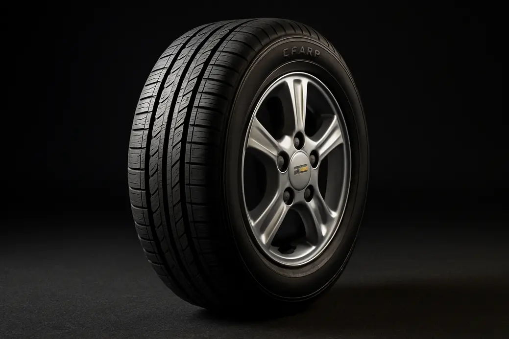 Photorealistic close-up image of a single mounted Chevrolet Spark tire showing detailed tread pattern, textured sidewall, partial rim view, on blurred asphalt or studio background