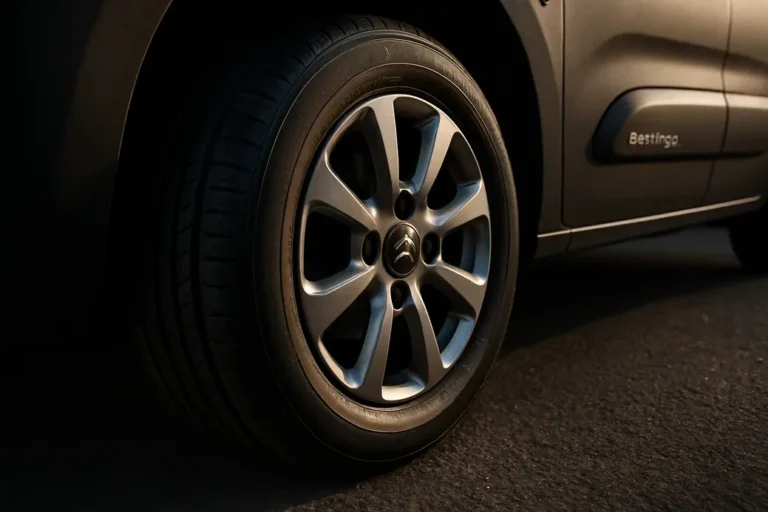 Close-up photo of a single car tire mounted on a Citroën Berlingo wheel with detailed rubber texture and rim reflections, positioned on a coarse asphalt surface with a part of the vehicle body visible