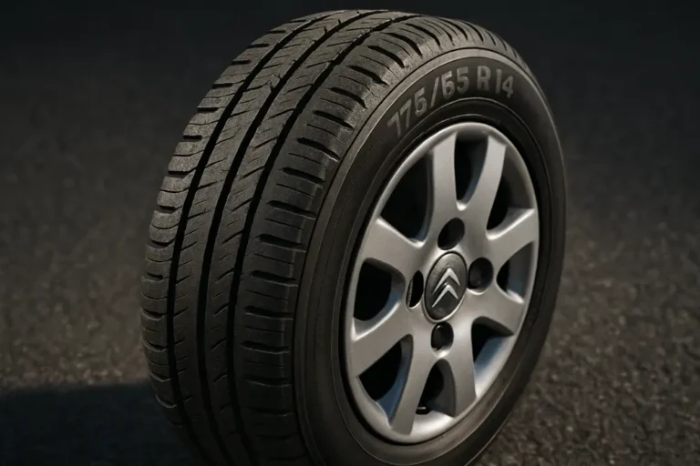 Macro close-up photo of a single Citroën C3 2006 car tire mounted, showing detailed vulcanized rubber texture and visible tire size 175/65 R14 in the tread grooves, with coarse asphalt background.