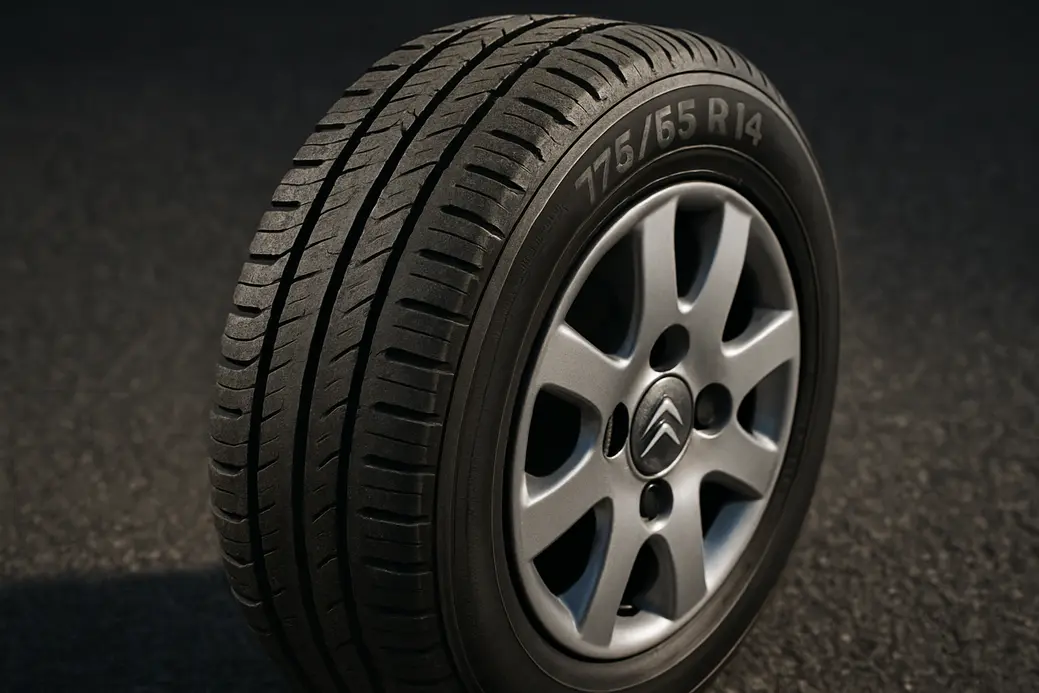 Macro close-up photo of a single Citroën C3 2006 car tire mounted, showing detailed vulcanized rubber texture and visible tire size 175/65 R14 in the tread grooves, with coarse asphalt background.