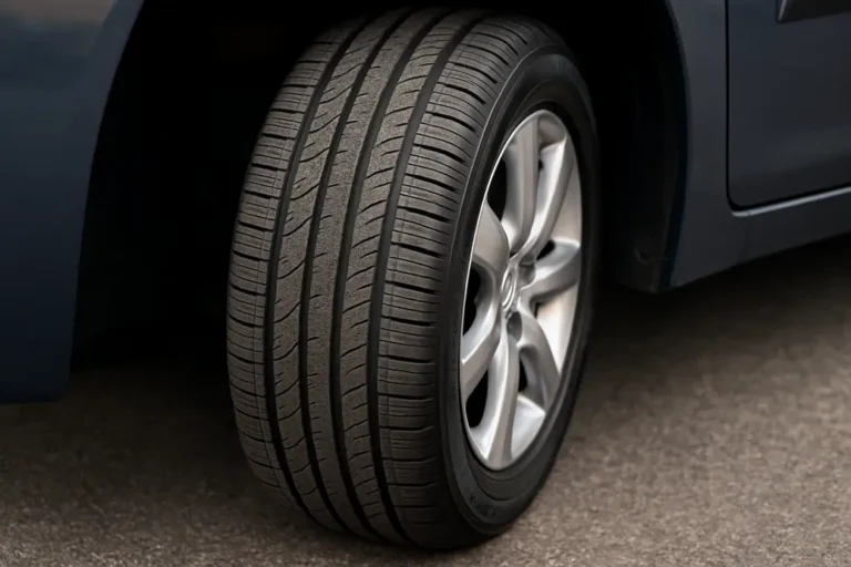 Close-up photo of a single Citroën C4 Grand Picasso 2008 tire mounted on the vehicle, showing detailed tire tread, sidewall profile, and rim, with asphalt background and natural lighting highlighting textures.