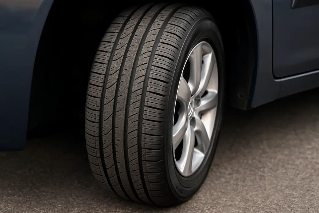 Close-up photo of a single Citroën C4 Grand Picasso 2008 tire mounted on the vehicle, showing detailed tire tread, sidewall profile, and rim, with asphalt background and natural lighting highlighting textures.