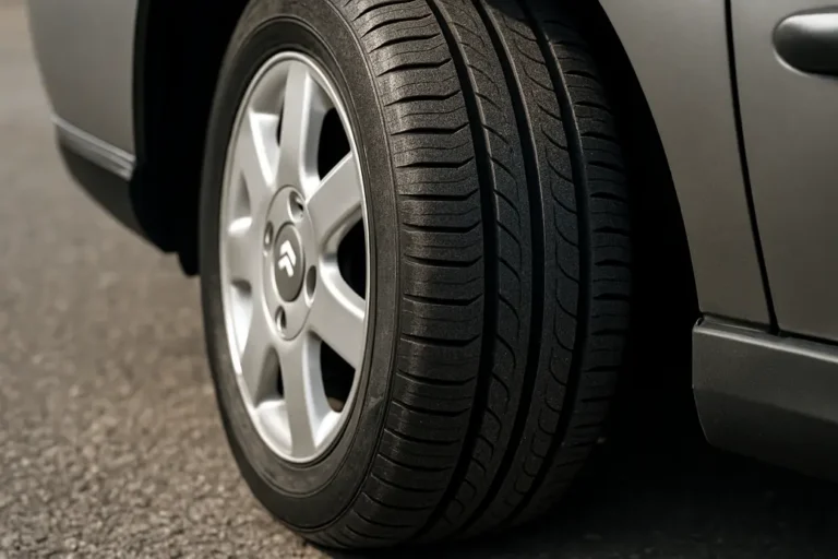 Close-up macro photo of a single mounted tire on a 2005 Citroën C5, highlighting the rubber texture, tire tread, and part of the wheel arch against a coarse asphalt surface.