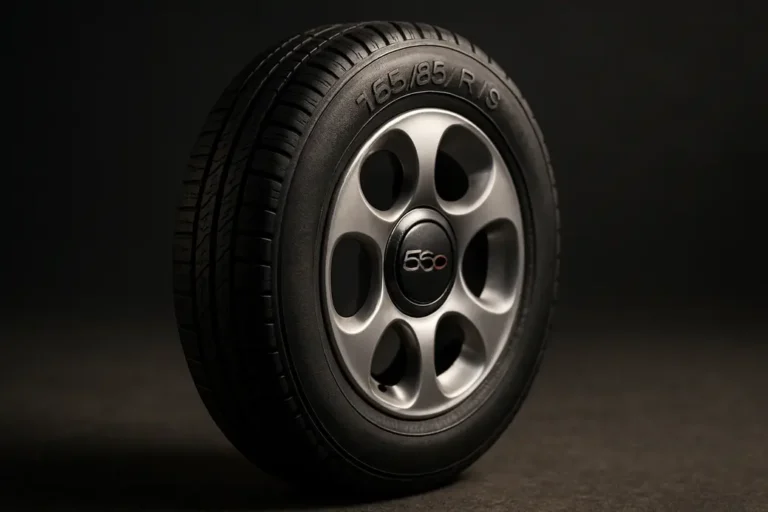 Close-up macro photograph of a single car tire mounted on a Fiat 500 wheel, focusing on the sidewall with natural size markings, showing detailed vulcanized rubber texture and tread pattern, with a softly blurred asphalt or neutral background.