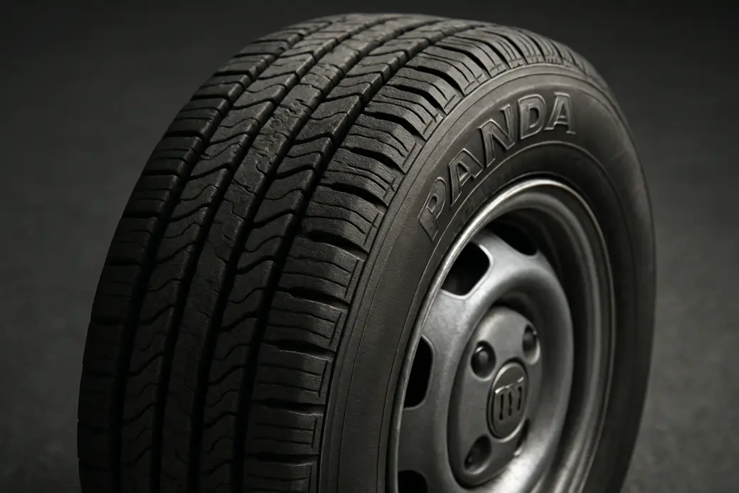 Close-up macro photo of a single Fiat Panda tire mounted on the car, showing detailed rubber texture and tread pattern with part of the rim visible, set against a neutral asphalt or studio background.