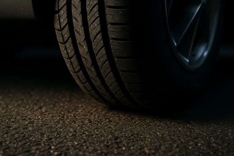Close-up macro photo of a single car tire mounted on a vehicle, showing detailed rubber texture and tread pattern, lightly deformed by proper inflation, resting on coarse asphalt surface with dramatic side lighting.
