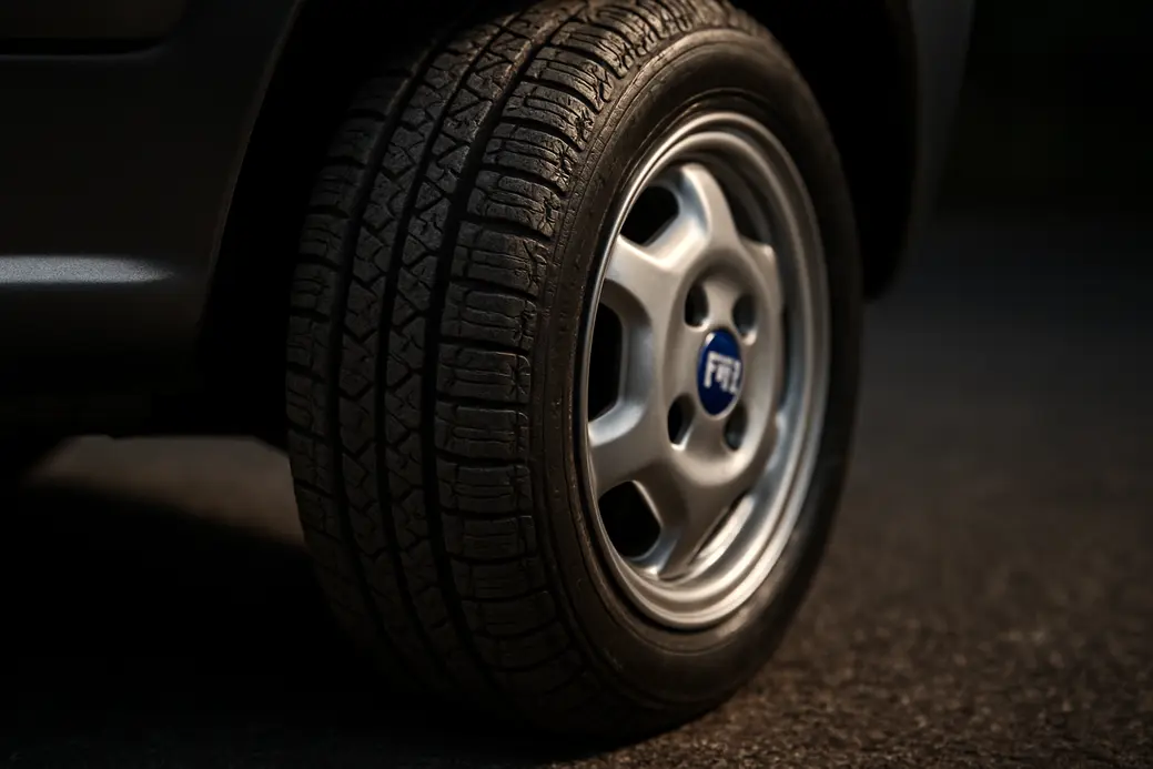 Close-up macro photograph of a single Fiat Seicento tire mounted on the car, showing detailed rubber tread, metallic rim, and tire contact on coarse asphalt with blurred background