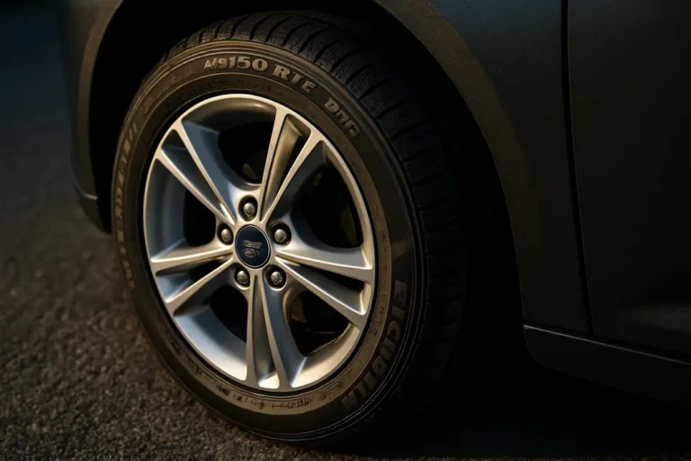 Close-up macro photo of a properly mounted tire on a Ford Focus 2013 EcoBoost wheel, showing detailed tire tread and correct fitment on the alloy wheel with asphalt ground visible beneath.