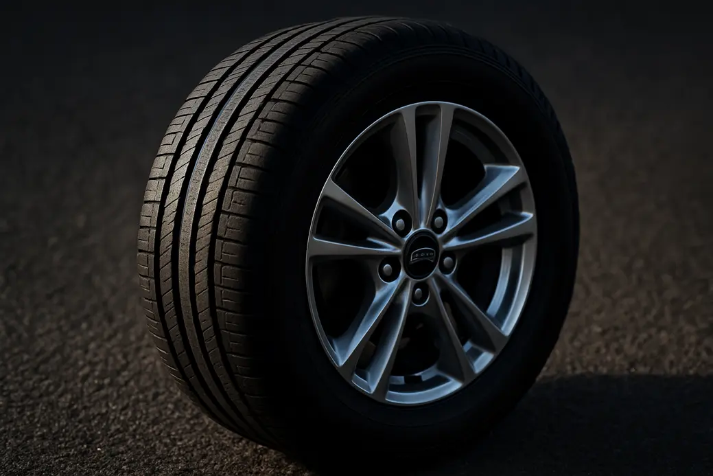 Close-up macro photo of a single car tire mounted on a Ford Kuga 2018, showing the 17 inch rim and detailed tread pattern on a coarse asphalt background
