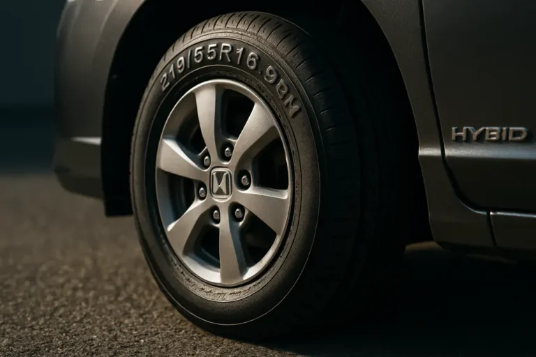 Macro close-up photo of a single car tire mounted on a Honda Civic Hybrid, showing detailed rubber texture, tread pattern, and tire size markings against a realistic asphalt background.