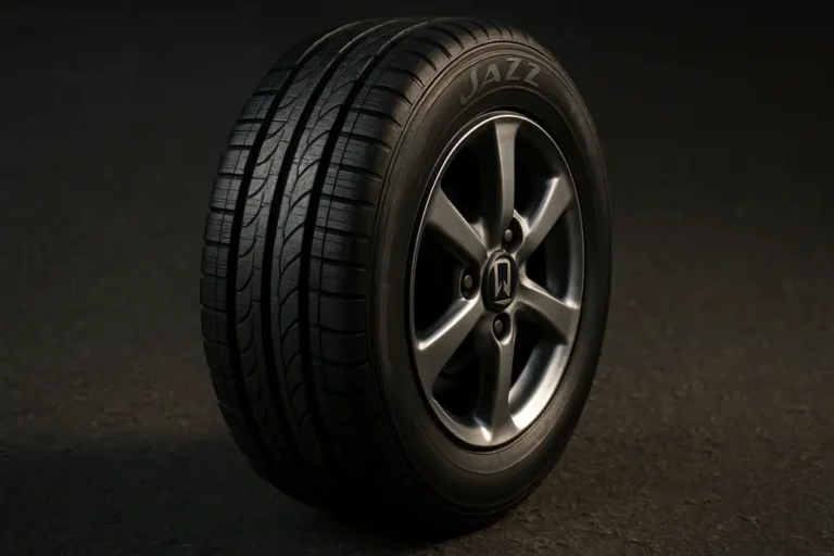 Macro shot of a single front tire mounted on a Honda Jazz, showing detailed tread pattern and sidewall proportions with the tire positioned centrally on a coarse asphalt surface.