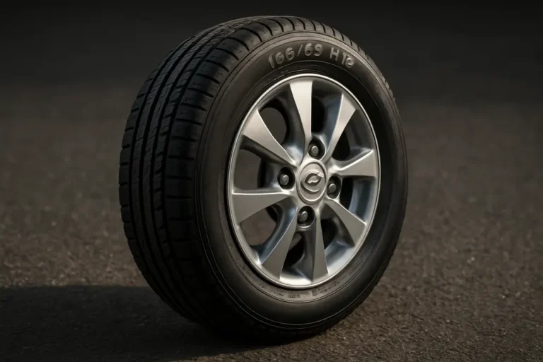 Close-up low-angle photo of a single Hyundai i10 tire and rim on coarse asphalt, showing detailed tread pattern and tire size 165/65 R14 with sharp focus and dramatic side lighting