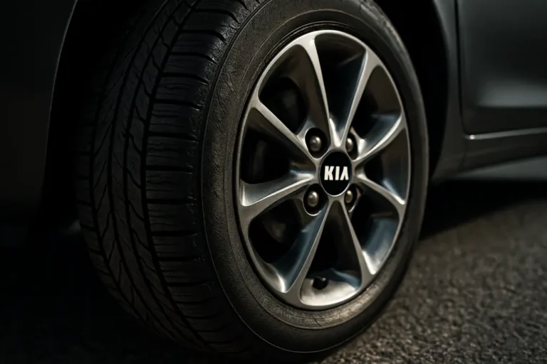 Macrofoto van een Kia Picanto auto band gemonteerd aan de auto, met scherpe focus op bandenprofiel, rubbertextuur en metalen velg, gefotografeerd boven een asfalt ondergrond.