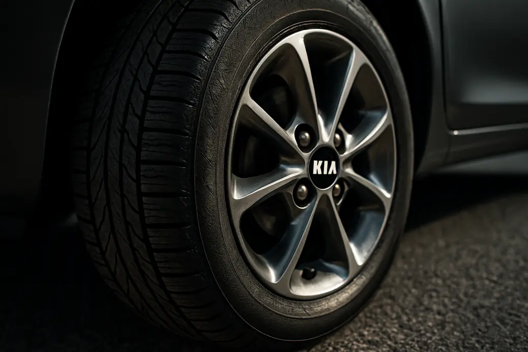 Macrofoto van een Kia Picanto auto band gemonteerd aan de auto, met scherpe focus op bandenprofiel, rubbertextuur en metalen velg, gefotografeerd boven een asfalt ondergrond.