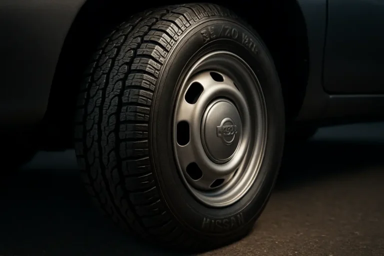 Macro photograph of a single tire mounted on a Nissan Micra 1998 wheel showing detailed tread and vulcanized rubber sidewall texture with asphalt background and subtle car body visible