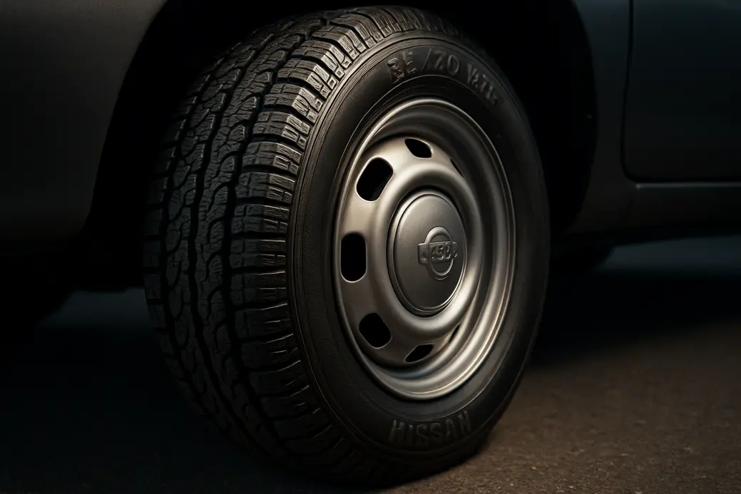 Macro photograph of a single tire mounted on a Nissan Micra 1998 wheel showing detailed tread and vulcanized rubber sidewall texture with asphalt background and subtle car body visible
