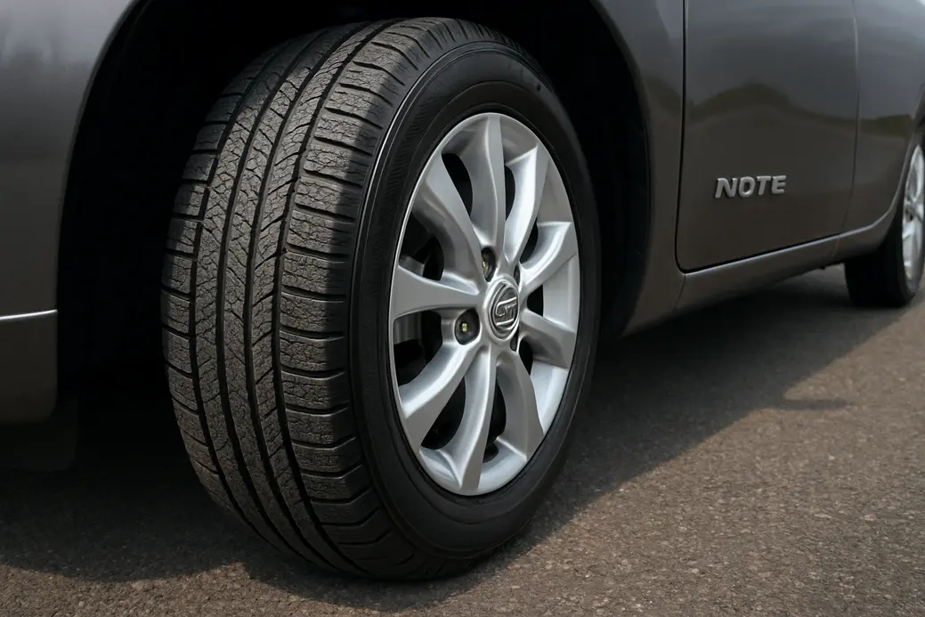 Close-up photo of a single car tire with detailed tread and rim, mounted on a Nissan Note, parked on asphalt.