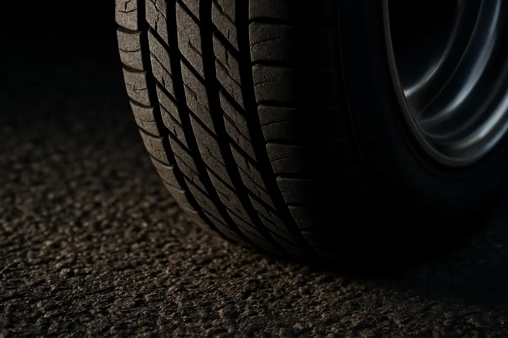 Close-up macro photograph of a single car tire mounted on a vehicle, showing detailed vulcanized rubber texture pressing against coarse asphalt, highlighting the effect of correct tire inflation on road contact and grip.