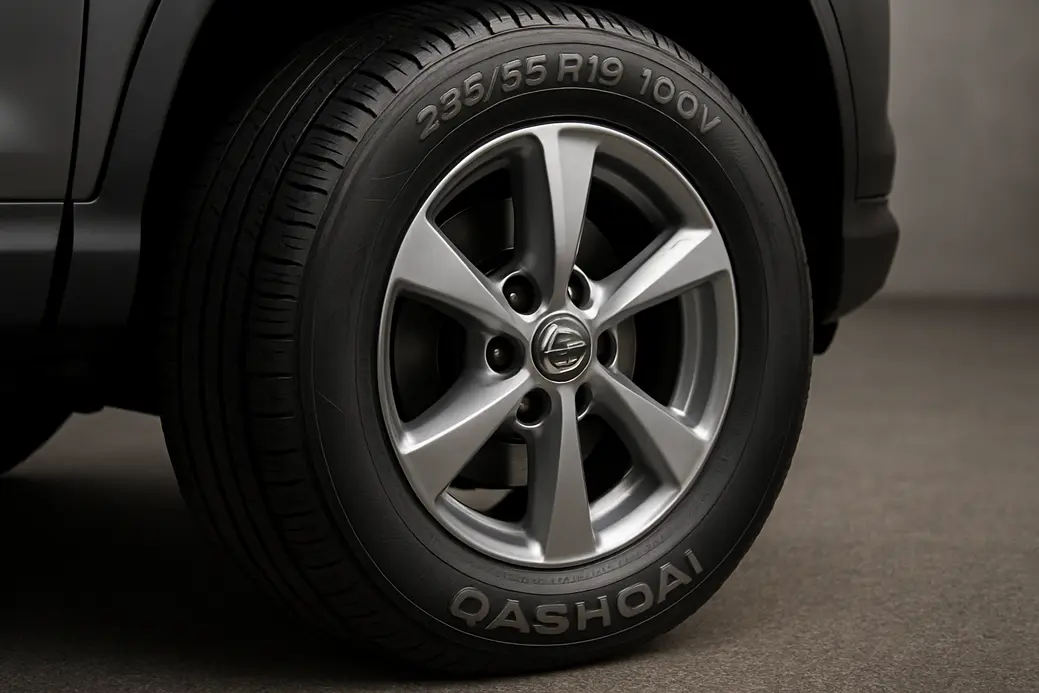 Close-up photograph of a single Nissan Qashqai tire mounted on the vehicle showing detailed sidewall size markings and tread texture against a neutral asphalt or studio floor background.