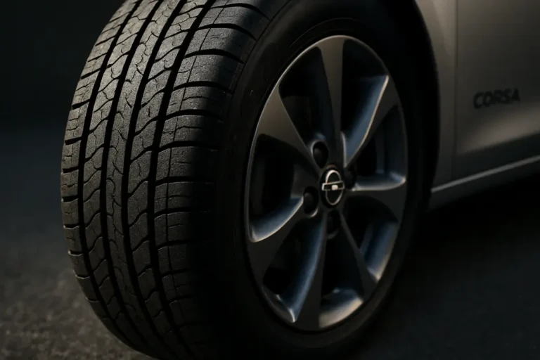 Close-up photo of a single Opel Corsa car tire mounted on the wheel, showing detailed vulcanized rubber texture and profile of the tire tread, with coarse asphalt or neutral studio background and partial view of the car body