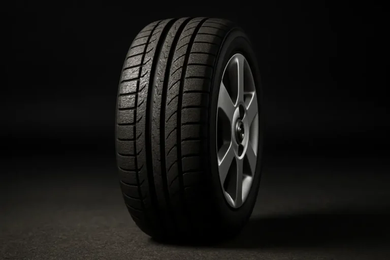 Macro close-up photo of a single car tire mounted on an Opel Corsa D, showing detailed vulcanized rubber texture and tire tread pattern with a neutral asphalt or studio background.