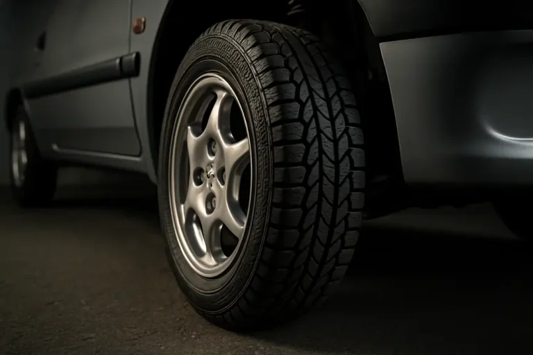 Close-up photo of a single tire mounted on a Peugeot 106 car, showing detailed rubber tread and wheel suspension, set against a blurred studio garage background.
