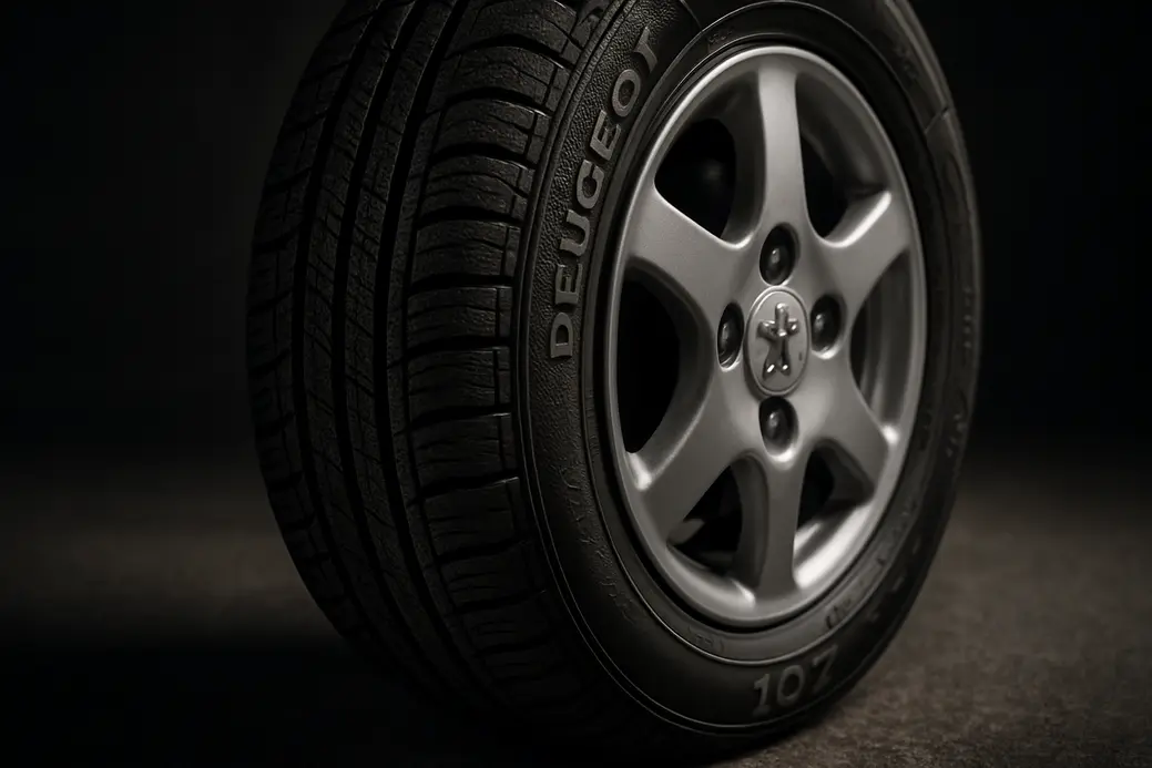 Close-up macro photo of a single car tire mounted on a Peugeot 107, showing detailed rubber tread and sidewall texture with part of the wheel rim against a neutral asphalt or studio background.