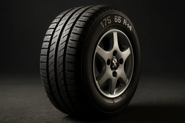 Macro photo of a single mounted car tire on a Peugeot 206 wheel showing detailed rubber tread and clear 175/65 R14 size marking, with asphalt or neutral studio background