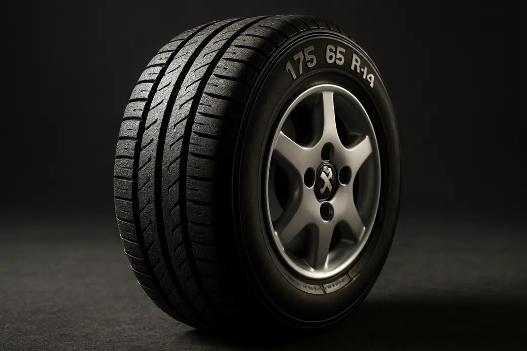 Macro photo of a single mounted car tire on a Peugeot 206 wheel showing detailed rubber tread and clear 175/65 R14 size marking, with asphalt or neutral studio background