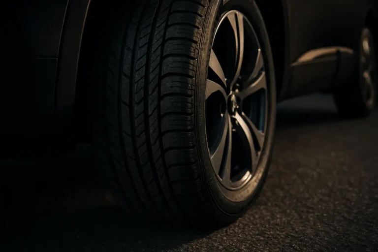 Close-up photo of a single mounted car tire on a Peugeot 3008 showing detailed tread pattern and rubber texture in contact with asphalt, part of the car body visible in the background
