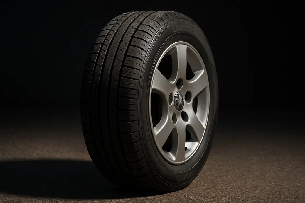 Close-up photorealistic image of a single Peugeot 307 tire mounted on a wheel, focusing on the rubber texture, tread pattern, and sidewall profile with size proportions visible, set on a neutral asphalt surface