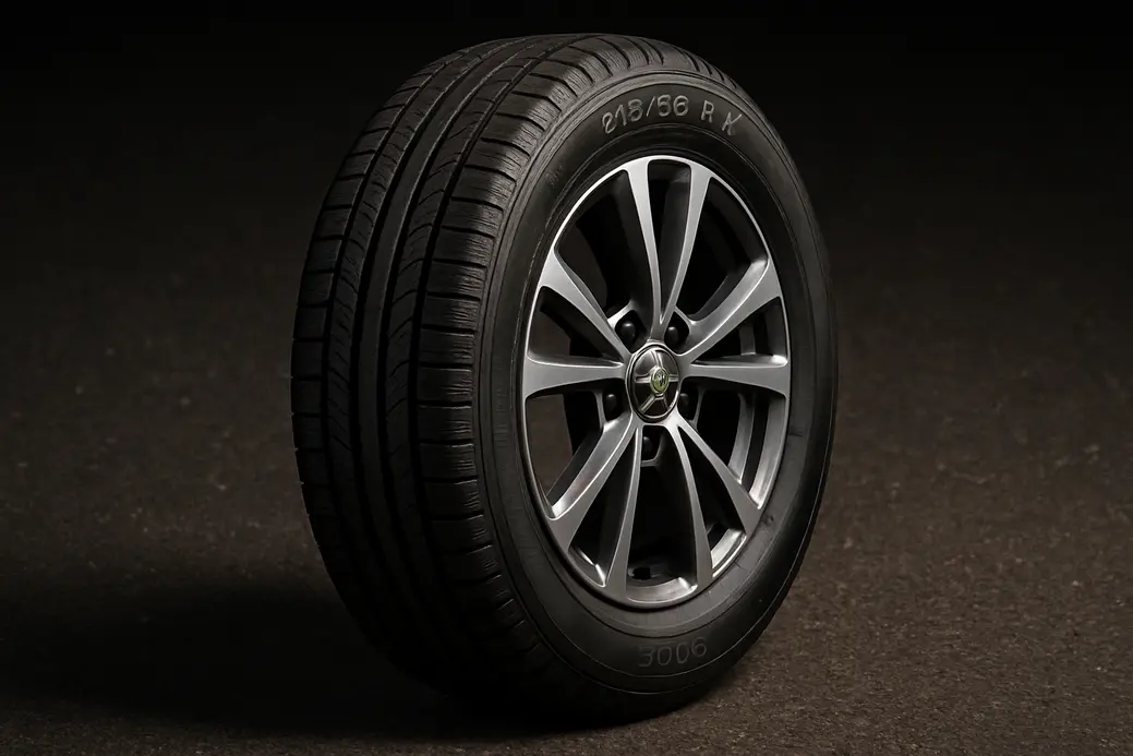 Close-up macro photo of a single 215/60 R17 car tire mounted on a Peugeot 5008 17-inch rim, showing detailed rubber texture and tread pattern against an asphalt background
