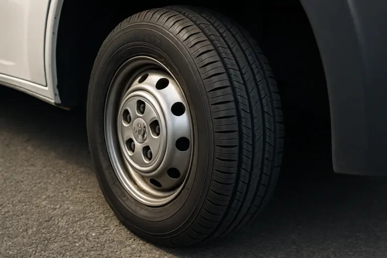 Close-up photo of a single tire with tread and rim mounted on a Peugeot Boxer 2007, showing detailed rubber texture and asphalt ground