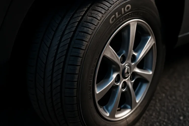 Macro close-up photo of a single Renault Clio tire mounted on the car, showing detailed tread pattern, tire size markings, and alloy rim with asphalt background