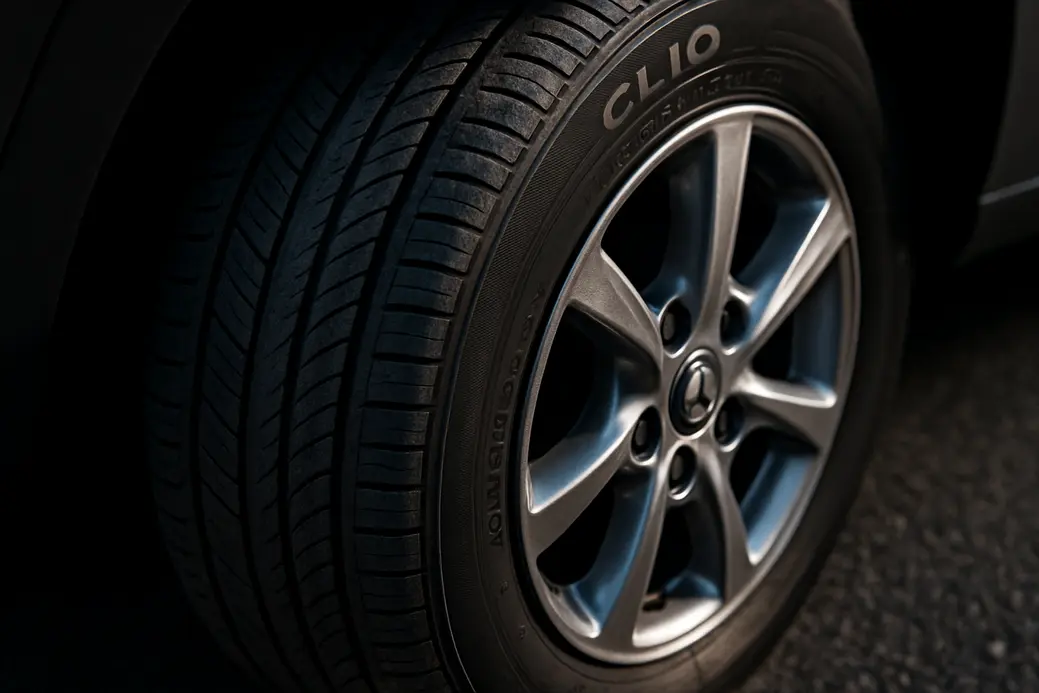 Macro close-up photo of a single Renault Clio tire mounted on the car, showing detailed tread pattern, tire size markings, and alloy rim with asphalt background