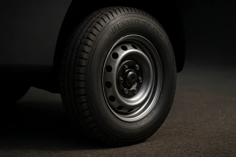 Close-up macro photograph of a single tire mounted on a Renault Trafic, showing detailed rubber tread pattern and sidewall, with a metal rim and coarse asphalt background under dramatic lighting.
