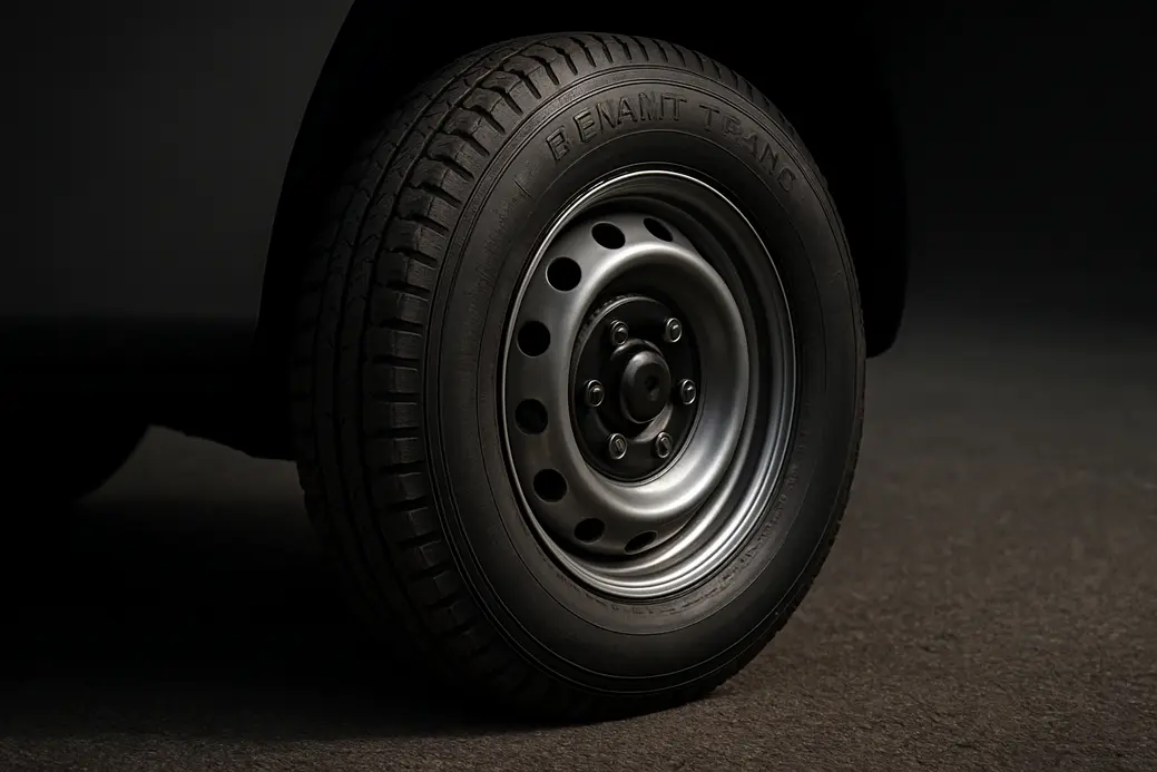 Close-up macro photograph of a single tire mounted on a Renault Trafic, showing detailed rubber tread pattern and sidewall, with a metal rim and coarse asphalt background under dramatic lighting.