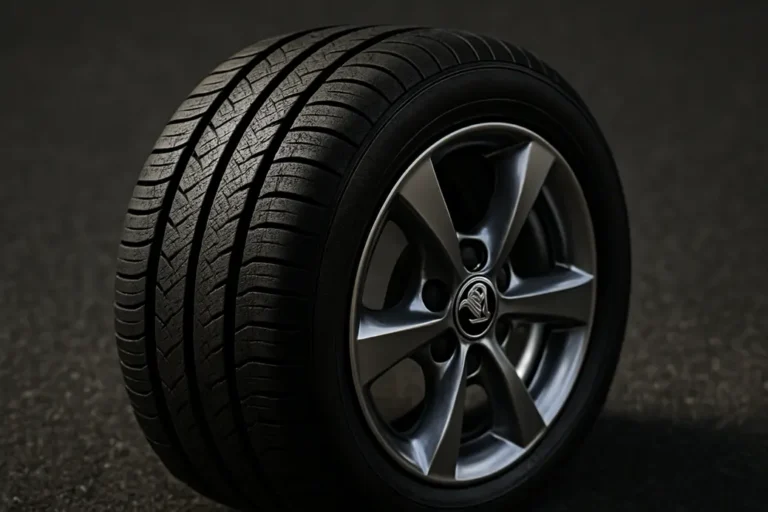 Macro close-up of a single Skoda Fabia tire mounted on its wheel, showing detailed rubber texture, tread pattern, and metallic rim on a neutral background.