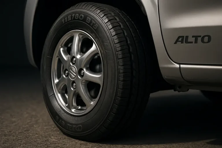 Close-up macro photo of a single Suzuki Alto 145/80 R13 tire mounted on the car, showing detailed tread pattern, rubber texture, and alloy rim, with part of the car body visible and a neutral studio background
