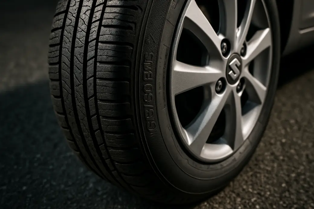 Close-up macro photograph of a single Suzuki Splash car tire mounted on a vehicle, showing detailed tread pattern and embossed size markings on the sidewall, with a coarse asphalt surface beneath.