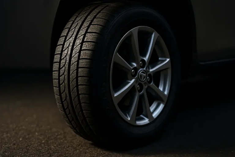 Macro photo of a single car tire mounted on a Toyota Auris Hybrid TS, showing detailed tread pattern, rim, and sidewall with tire size 205/55 R16, on a coarse asphalt background