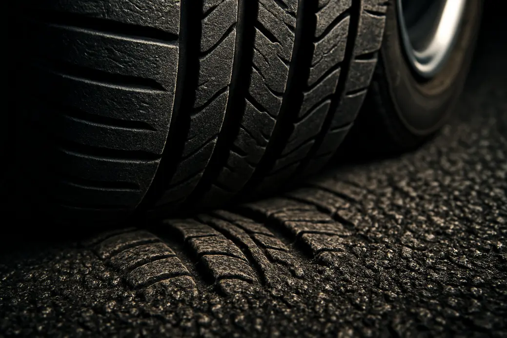 Macro photo of a single car tire mounted on a vehicle, focusing on the textured tire tread in contact with coarse asphalt, showing deformation from tire pressure.