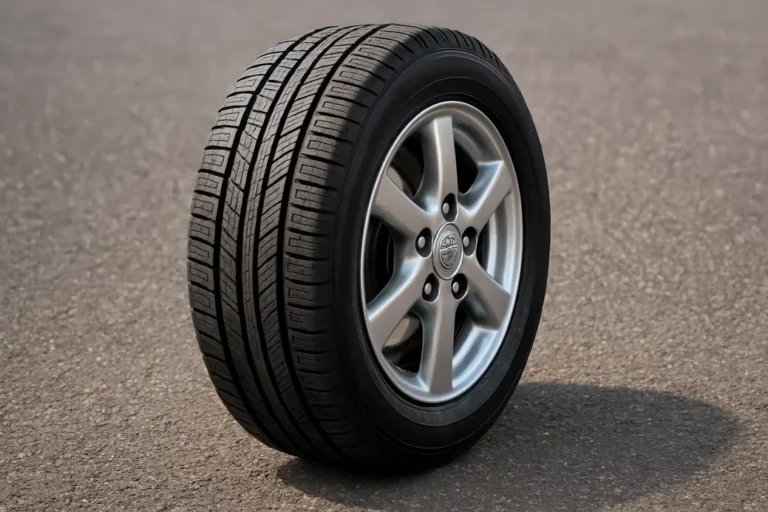 Close-up photo of a single Toyota Yaris tire mounted on a rim, showing the tread texture and rim details against a coarse asphalt background.