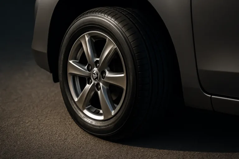 Close-up photo of a single tire mounted on a Toyota Verso, showing detailed tread pattern and metallic rim against a coarse asphalt surface