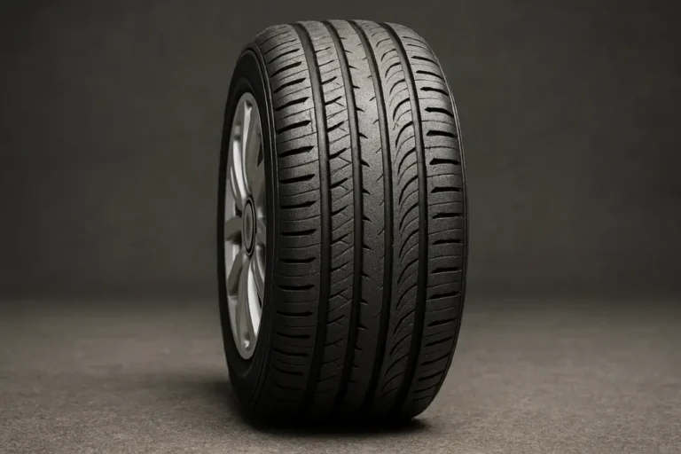 Close-up macro photograph of a single car tire mounted on a Volkswagen Golf, showing detailed rubber texture and tread profile against a coarse asphalt or neutral studio background, emphasizing tire dimensions without any text or logos.