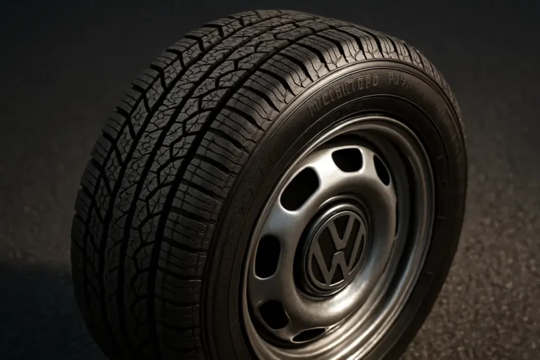 Macro photograph of a single mounted car tire with detailed tread and vulcanized rubber texture on a Volkswagen Golf 2 rim set against a coarse asphalt background, sharp focus on tire profile and rim edge.